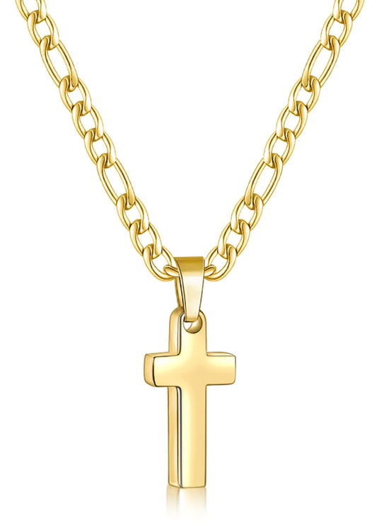 Stainless Steel Mens Cross Necklaces with 3.5mm Figaro Cross Chain Gold Plated Tiny Cross Chain Necklace 18Inch