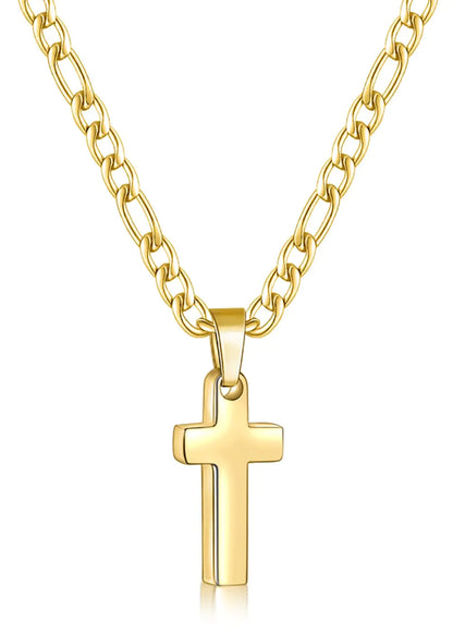 Stainless Steel Mens Cross Necklaces with 3.5mm Figaro Cross Chain Gold Plated Tiny Cross Chain Necklace 18Inch